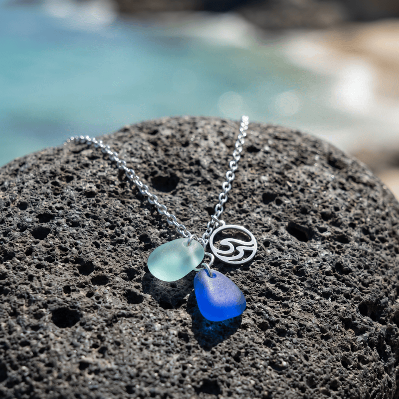 Ocean Wave Charm Cobalt & Aqua Sea Glass Necklace - image 4