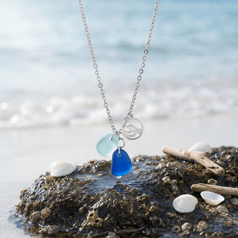 Ocean Wave Charm Cobalt & Aqua Sea Glass Necklace - image 7