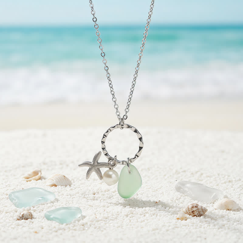 Beachy Light Green Sea Glass & Starfish Charm Necklace - Silver - image 0