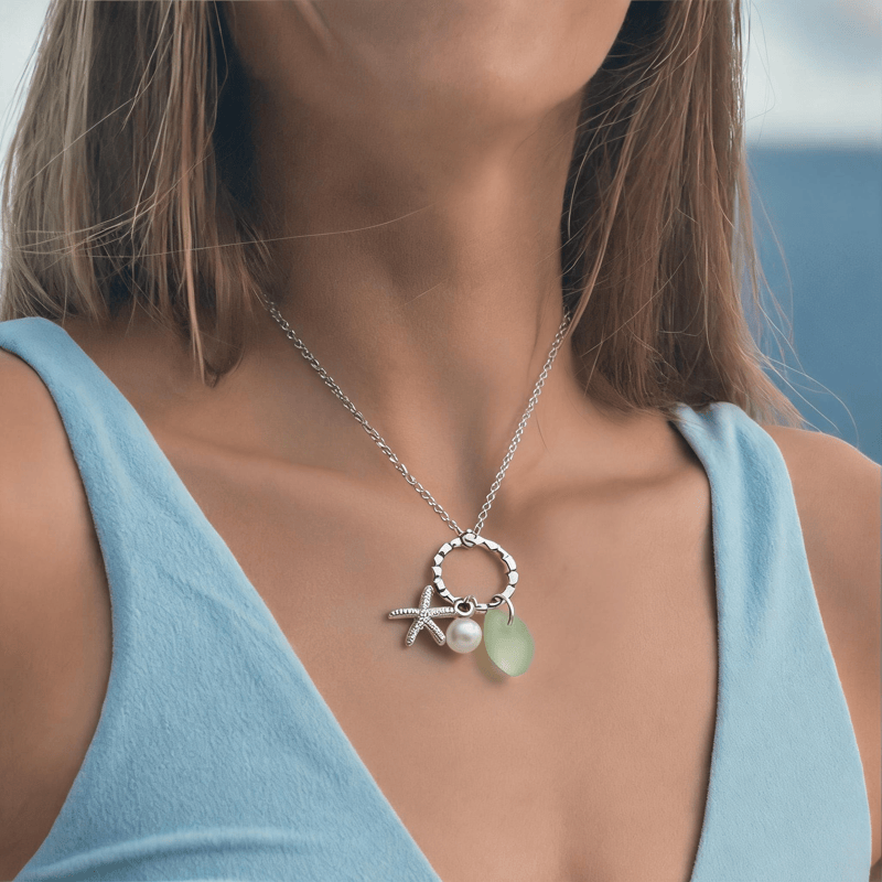 Beachy Light Green Sea Glass & Starfish Charm Necklace - image 5