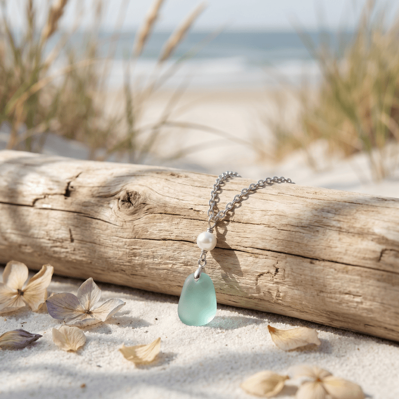 FREE Today: Delicate Seafoam Sea Glass Necklace With Pearl - Silver - image 0