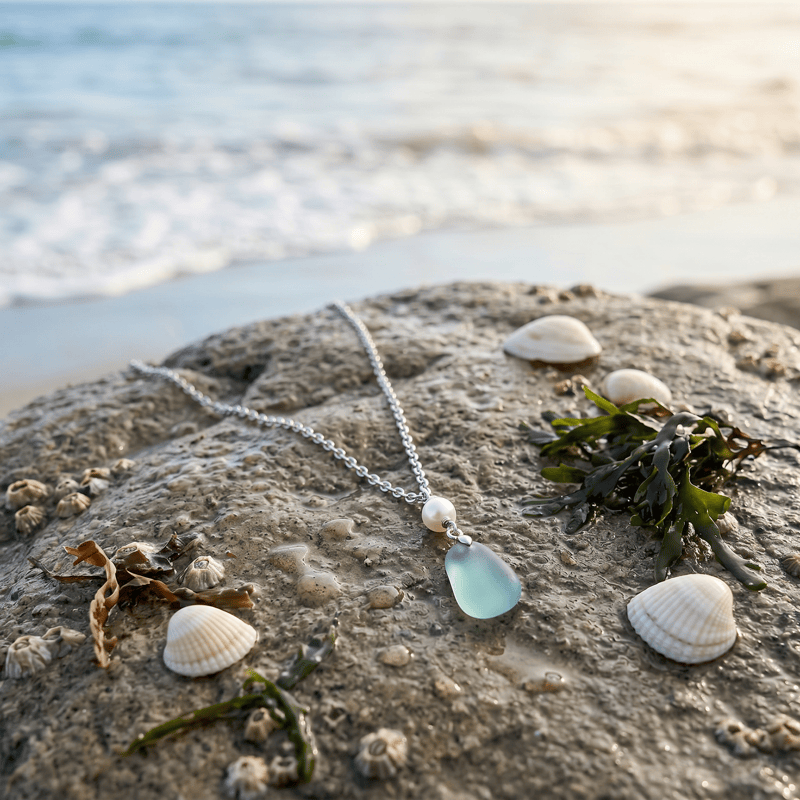 Delicate Seafoam Sea Glass Necklace With Pearl - image 7