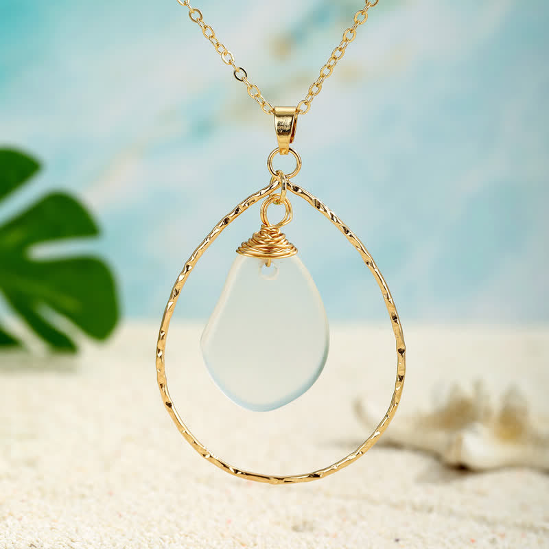 Elegant Gold-Tone Teardrop Hoop Sea Glass Necklace - White - image 7