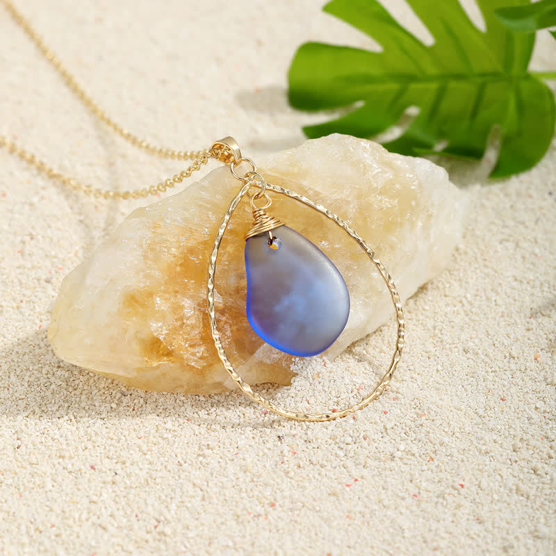 Elegant Gold-Tone Teardrop Hoop Sea Glass Necklace - Blue - image 6