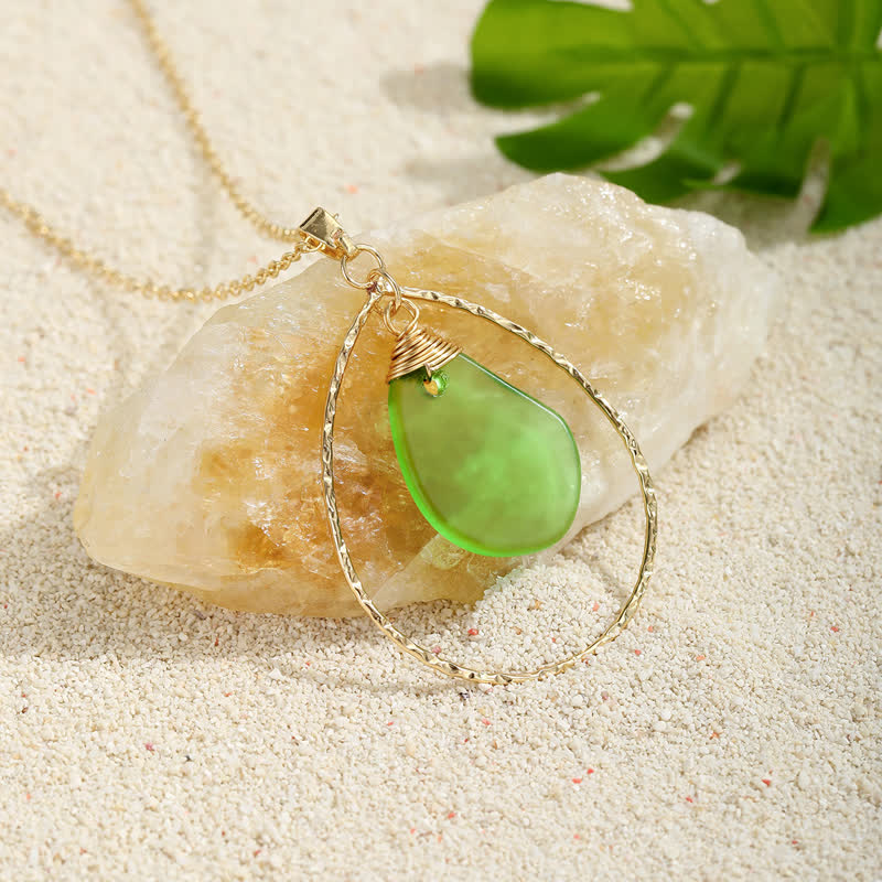 Elegant Gold-Tone Teardrop Hoop Sea Glass Necklace - Green - image 2