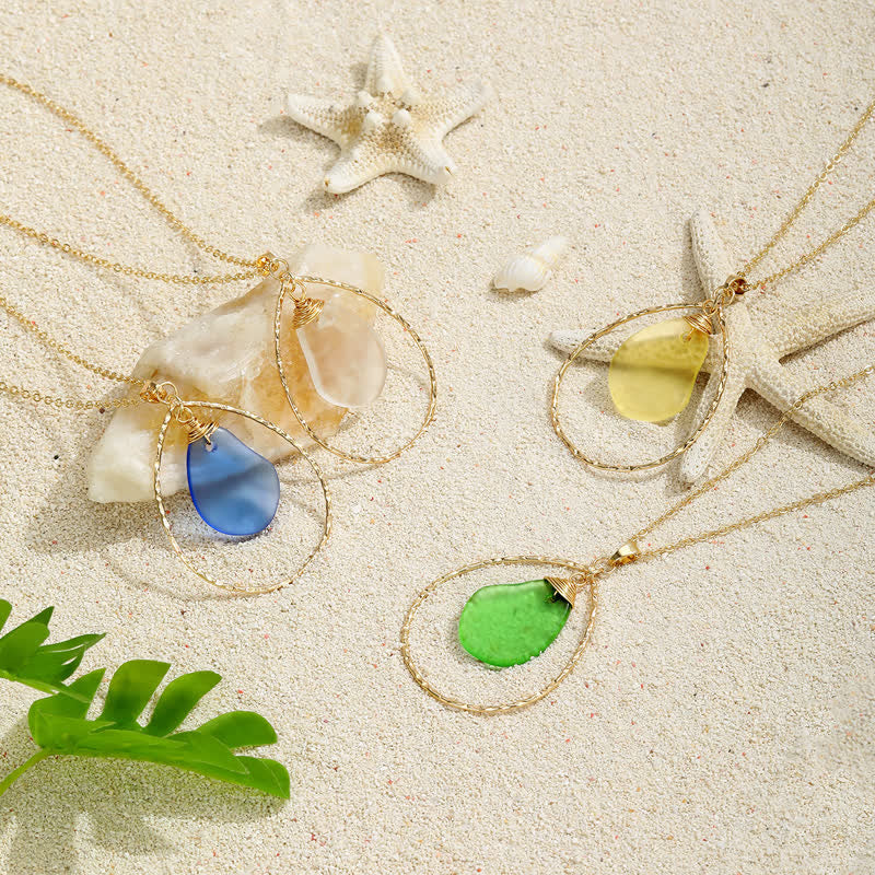 Elegant Gold-Tone Teardrop Hoop Sea Glass Necklace - image 0