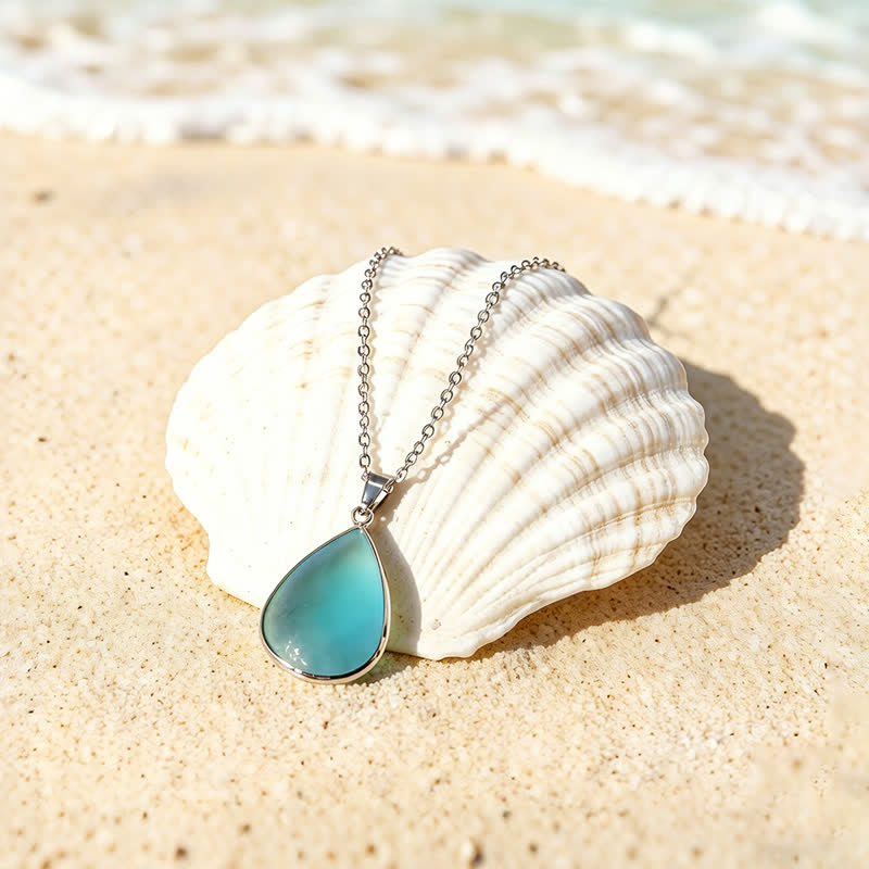 Silver Framed Teardrop Sea Glass Pendant Necklace - Aqua - image 2