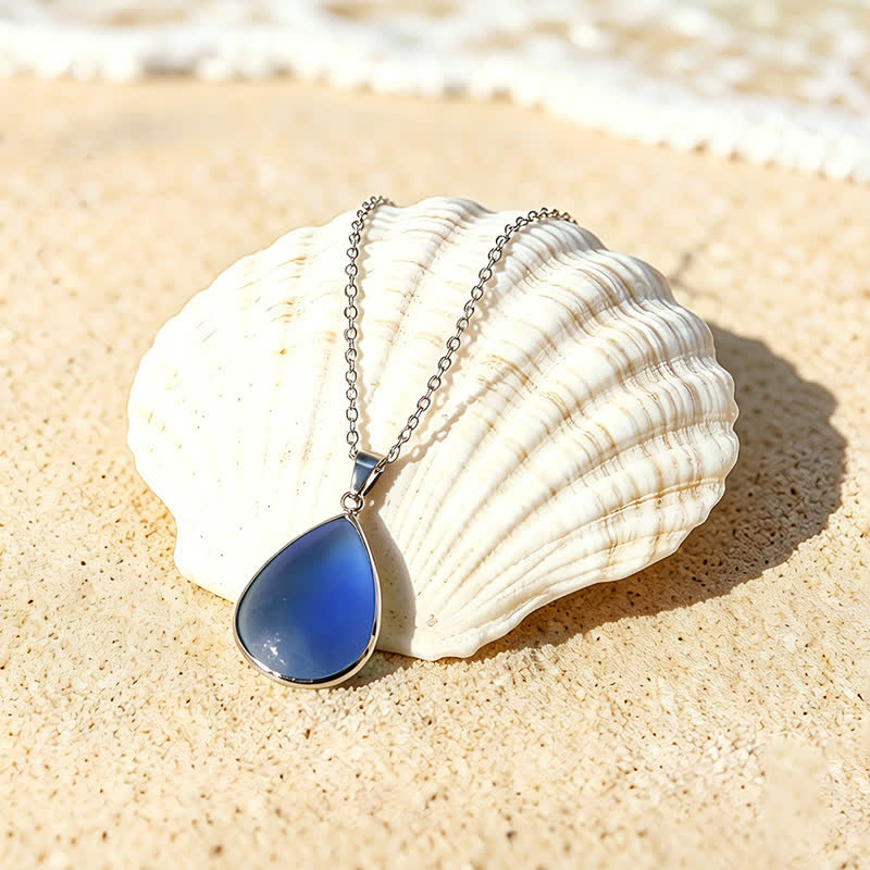 Silver Framed Teardrop Sea Glass Pendant Necklace - Blue - image 1