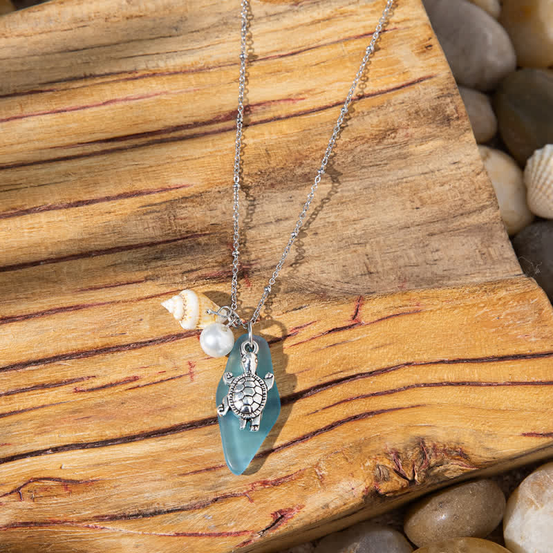 Nautical Themed Charms & Pearls Sea Glass Necklace - Aqua Diamond - image 1