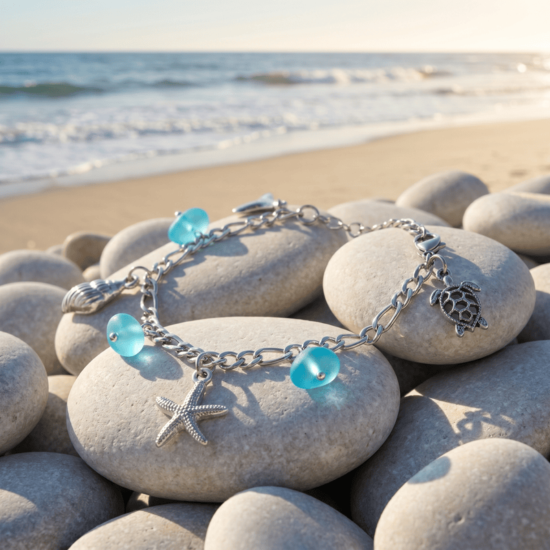 Turquoise Sea Glass Bracelet With Ocean Element Charm - Silver - image 0