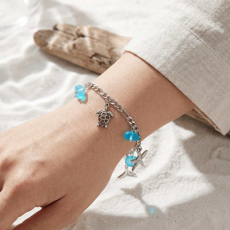 Turquoise Sea Glass Bracelet With Ocean Element Charm - Silver - image 0