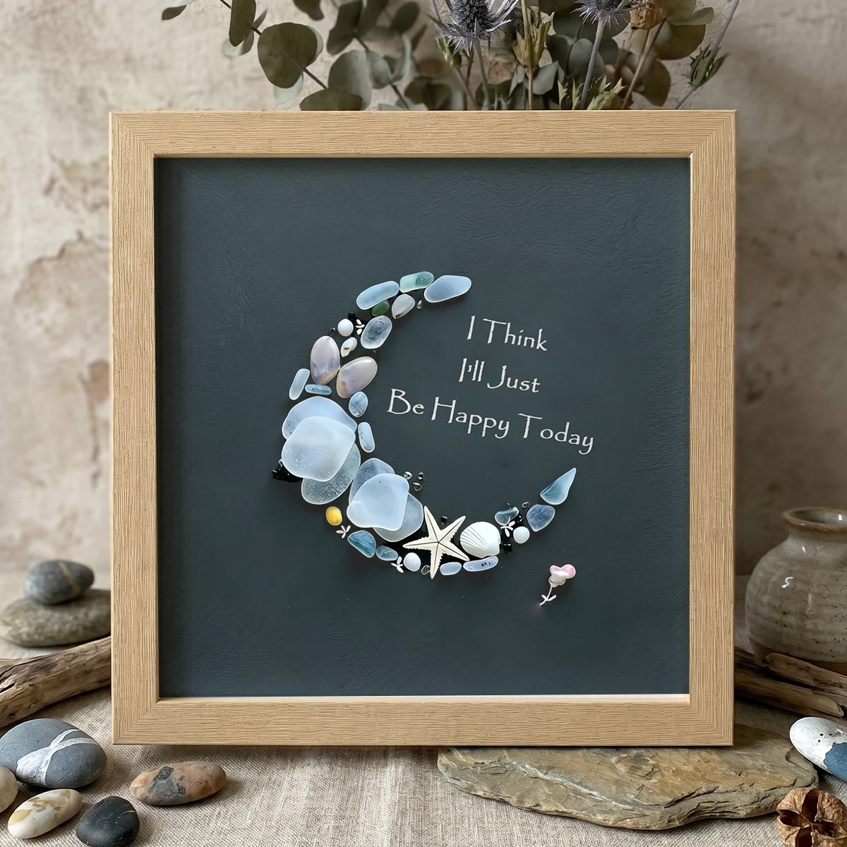 Be Happy Today Crescent Moon Sea Glass Framed Art - Oak - 8" X 8" - image 5
