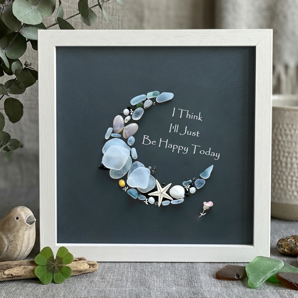 Be Happy Today Crescent Moon Sea Glass Framed Art - White - 8" X 8" - image 7