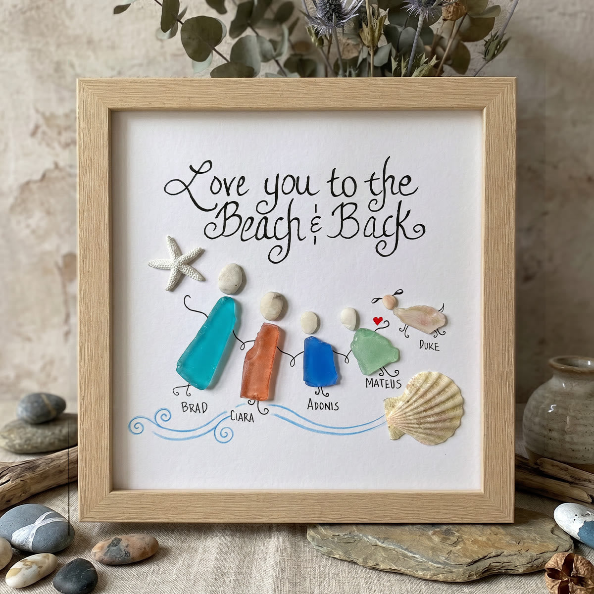 Love You to the Beach & Back Custom Name Sea Glass Framed Art - Oak - 8" X 8" - image 5