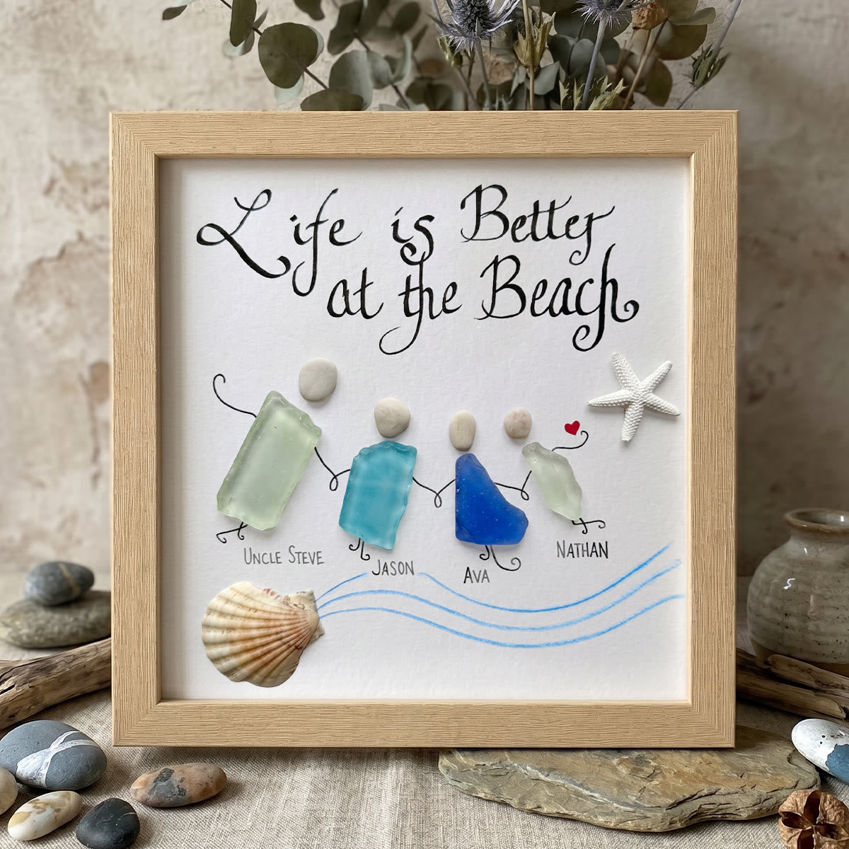 Life Is Better At The Beach Custom Family Name Sea Glass Framed Art - Oak - 8" X 8" - image 5