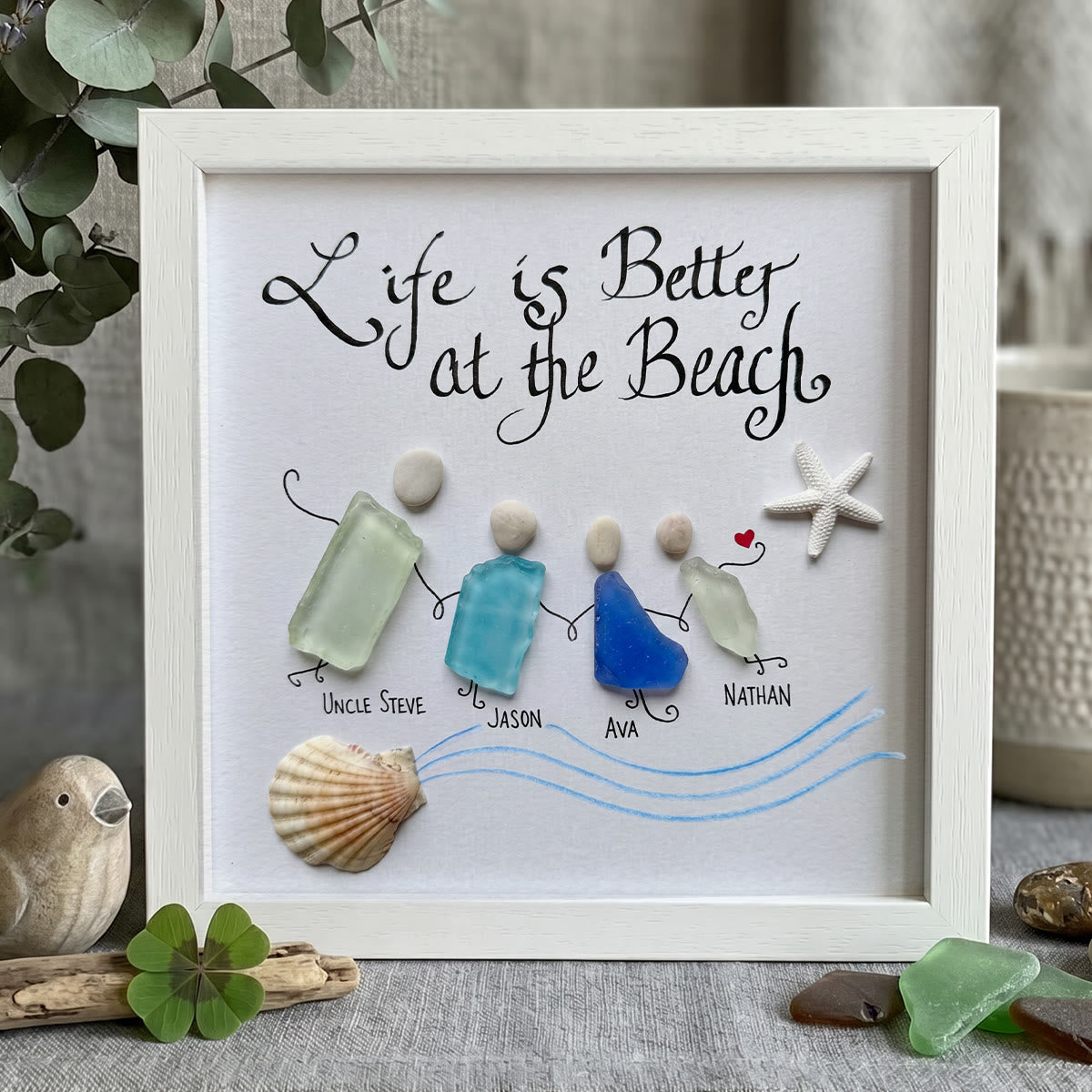 Life Is Better At The Beach Custom Family Name Sea Glass Framed Art - White - 8" X 8" - image 7