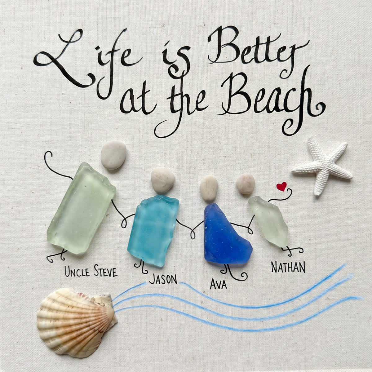 Life Is Better At The Beach Custom Family Name Sea Glass Framed Art - Seaglass Card - 8" X 8" - image 1