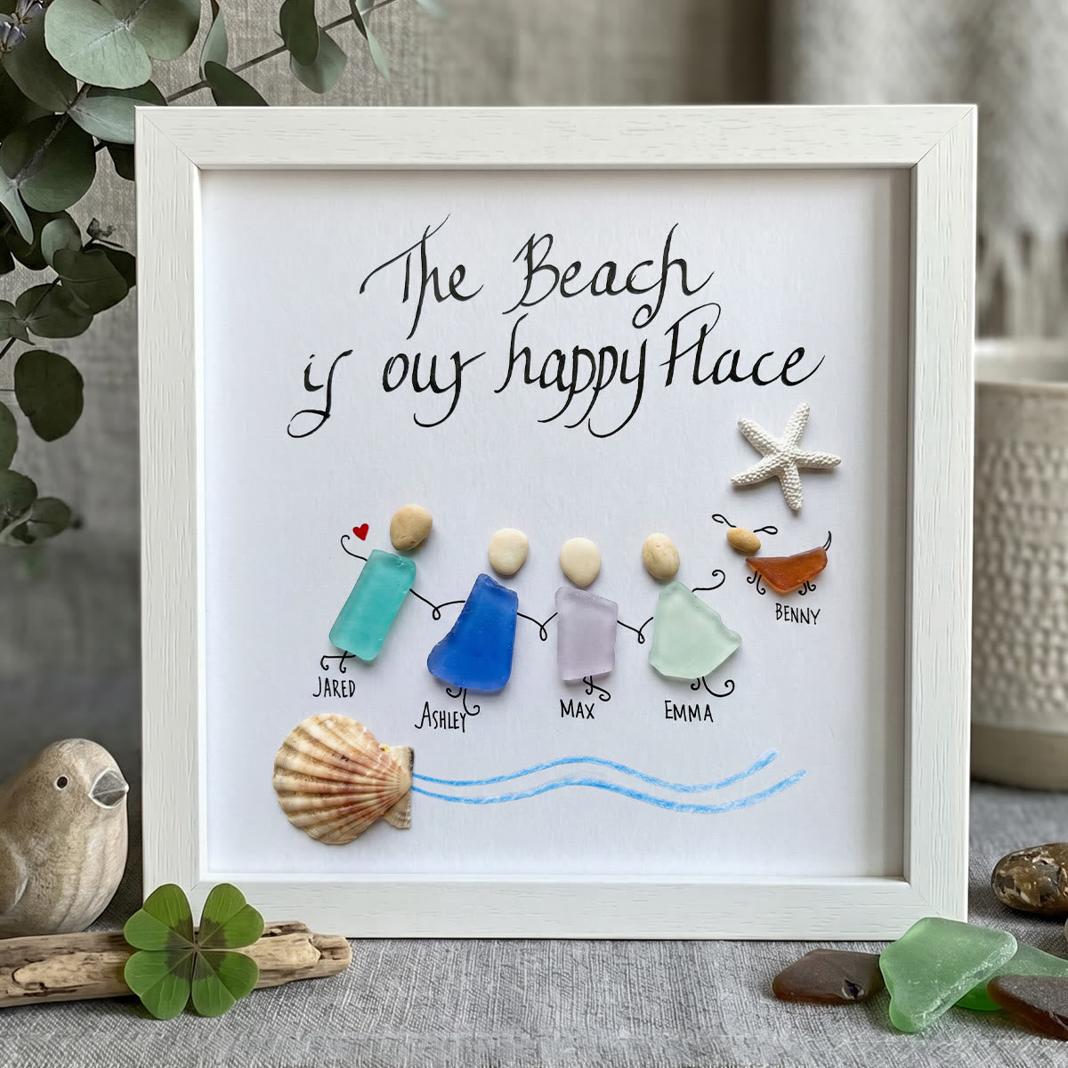 Our Happy Place Custom Family Name Sea Glass Framed Art - White - 8" X 8" - image 7