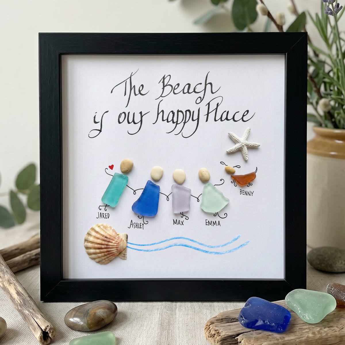 Our Happy Place Custom Family Name Sea Glass Framed Art - Black - 8" X 8" - image 6