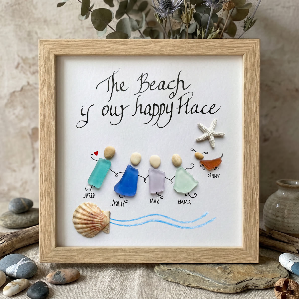 Our Happy Place Custom Family Name Sea Glass Framed Art - Oak - 8" X 8" - image 5