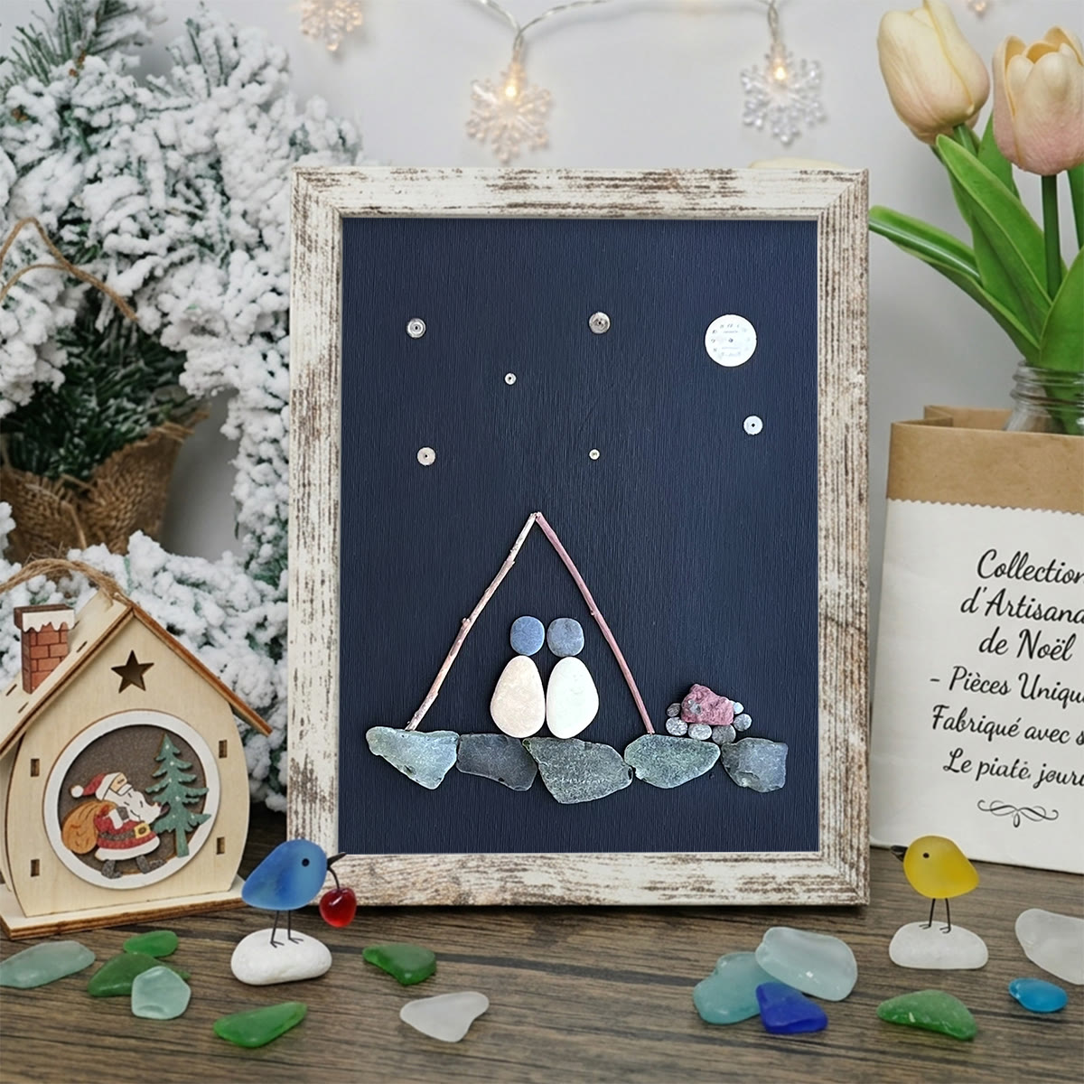 Starry Night Romantic Camping Sea Glass Framed Art - Retro White - 8" X 6" - image 10