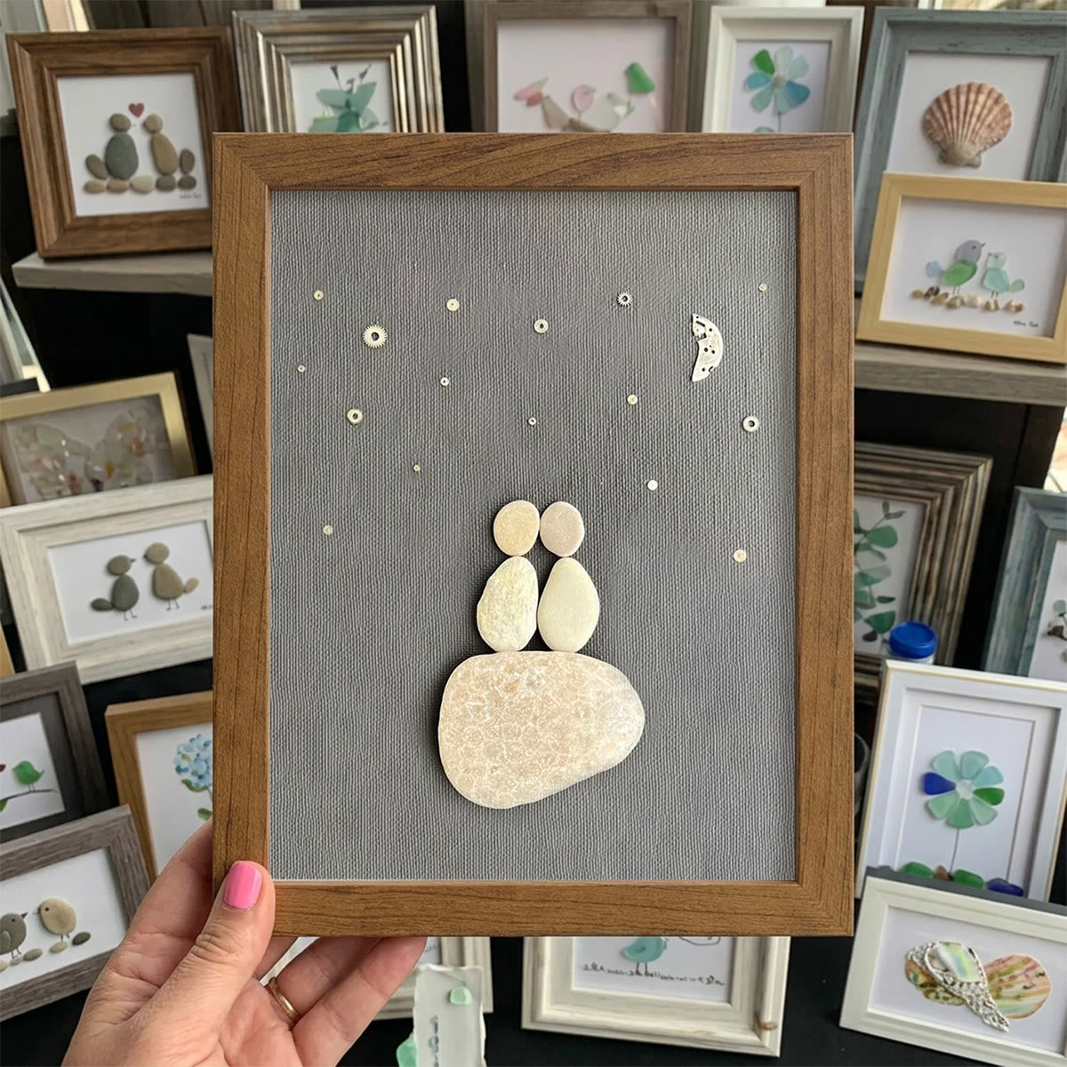 Romantic Night Sky Handmade Couple Sea Glass Framed Art - Walnut Brown - 8" X 6" - image 7