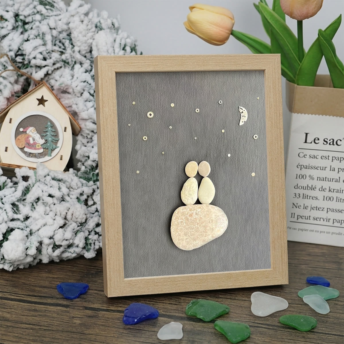 Romantic Night Sky Handmade Couple Sea Glass Framed Art - Oak - 8" X 6" - image 6