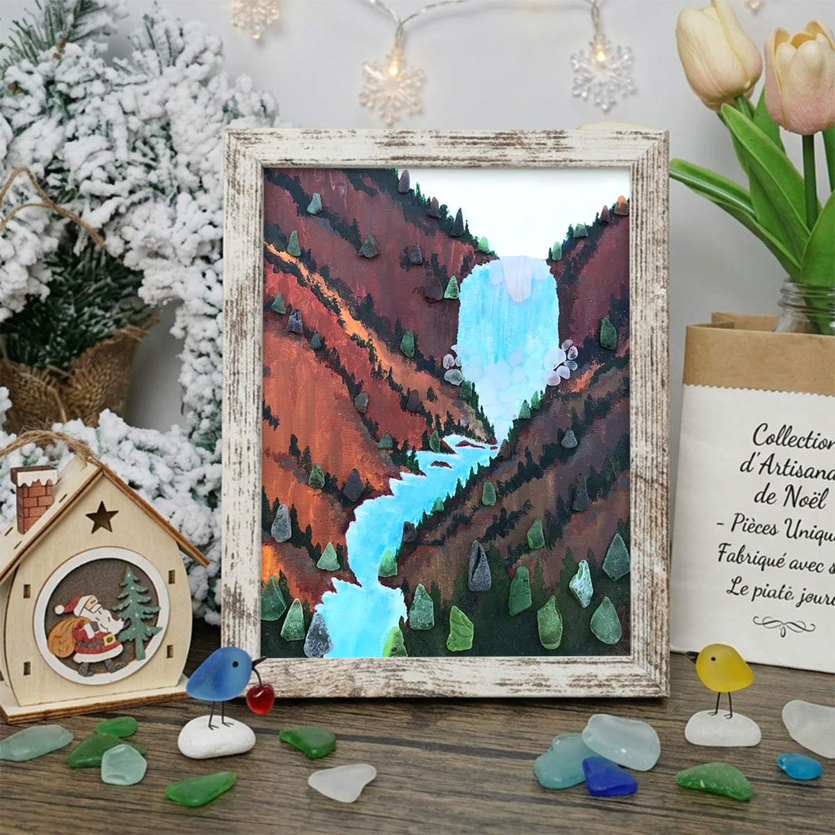 Waterfall Canyon Landscape Sea Glass Framed Art - Retro White - 8" X 6" - image 10