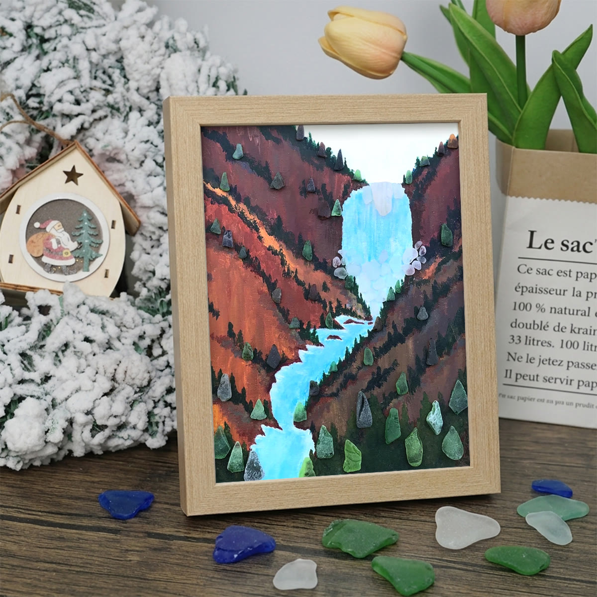 Waterfall Canyon Landscape Sea Glass Framed Art - Oak - 8" X 6" - image 7