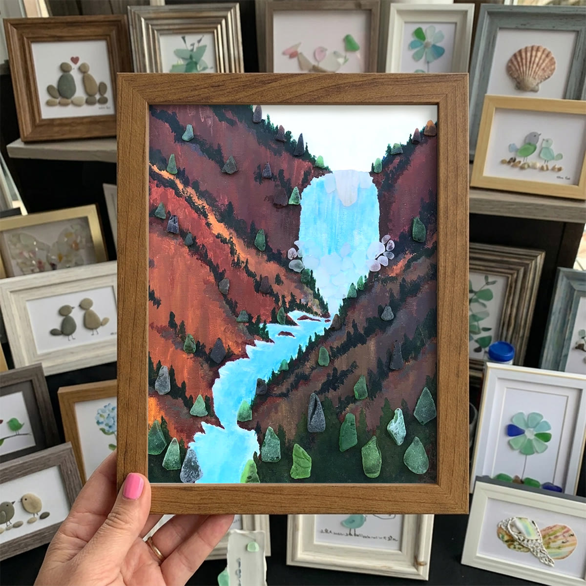 Waterfall Canyon Landscape Sea Glass Framed Art - Walnut Brown - 8" X 6" - image 0