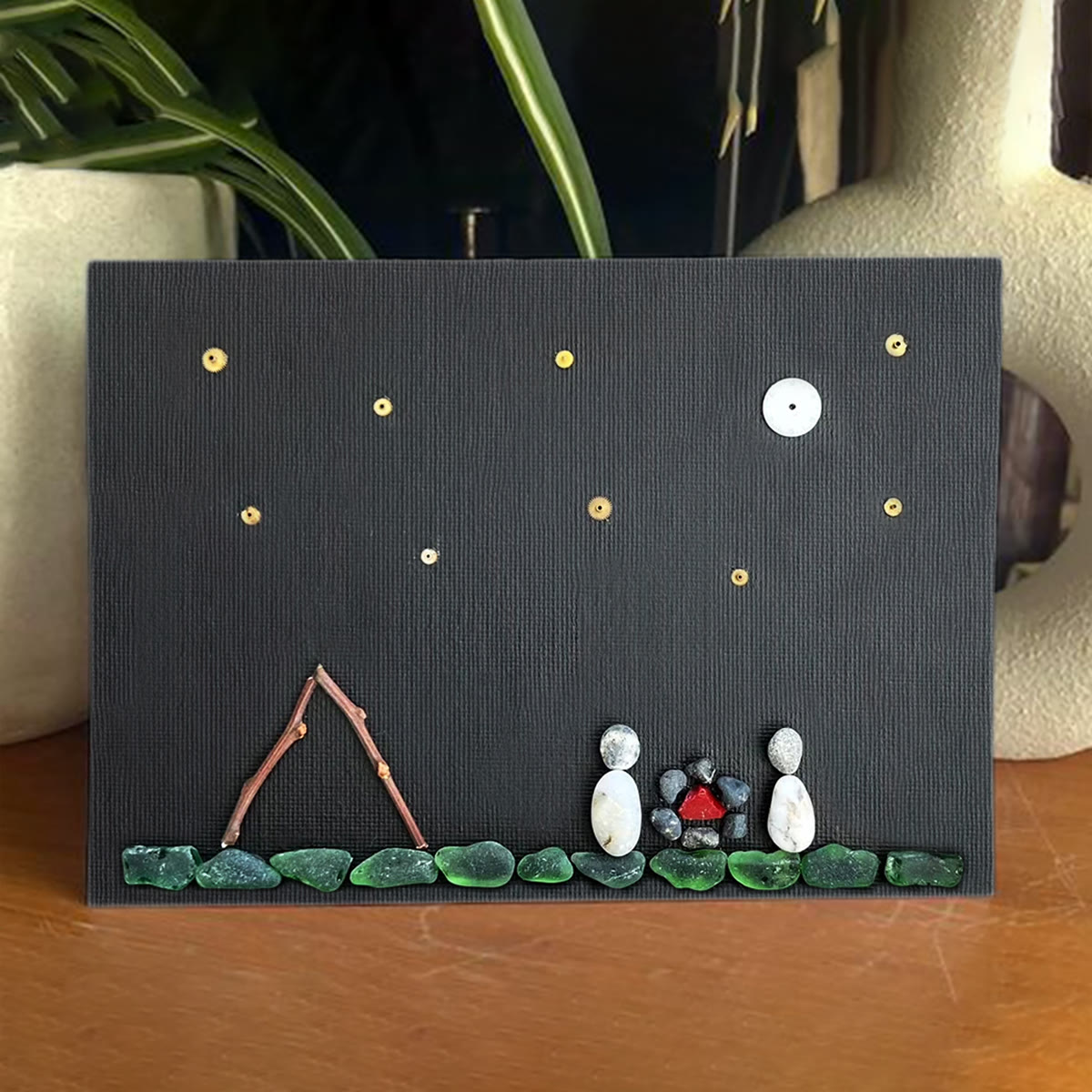 Moon & Stars Camping Couple Sea Glass Framed Art - Seaglass Card - 6" X 8" - image 1