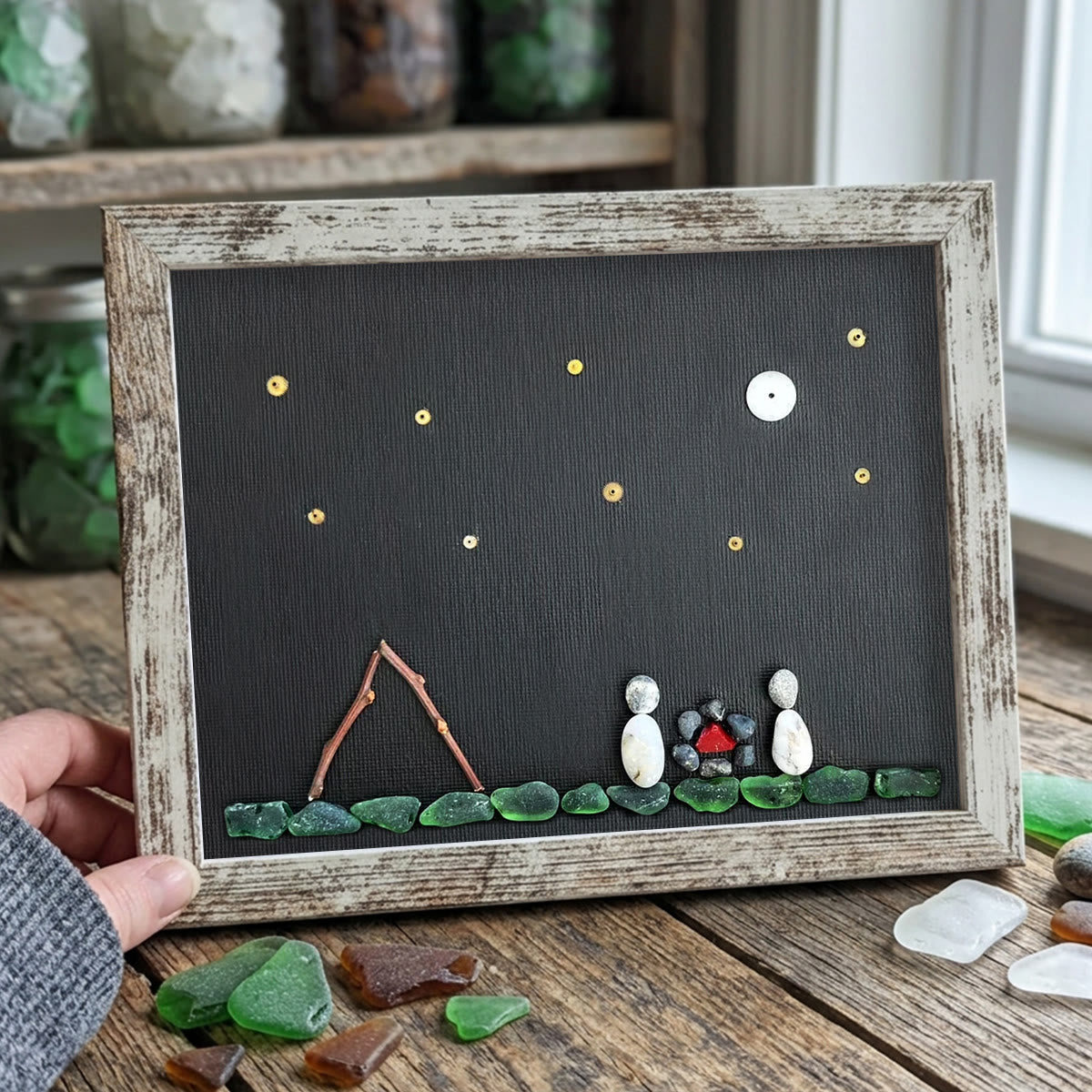 Moon & Stars Camping Couple Sea Glass Framed Art - Retro White - 6" X 8" - image 12