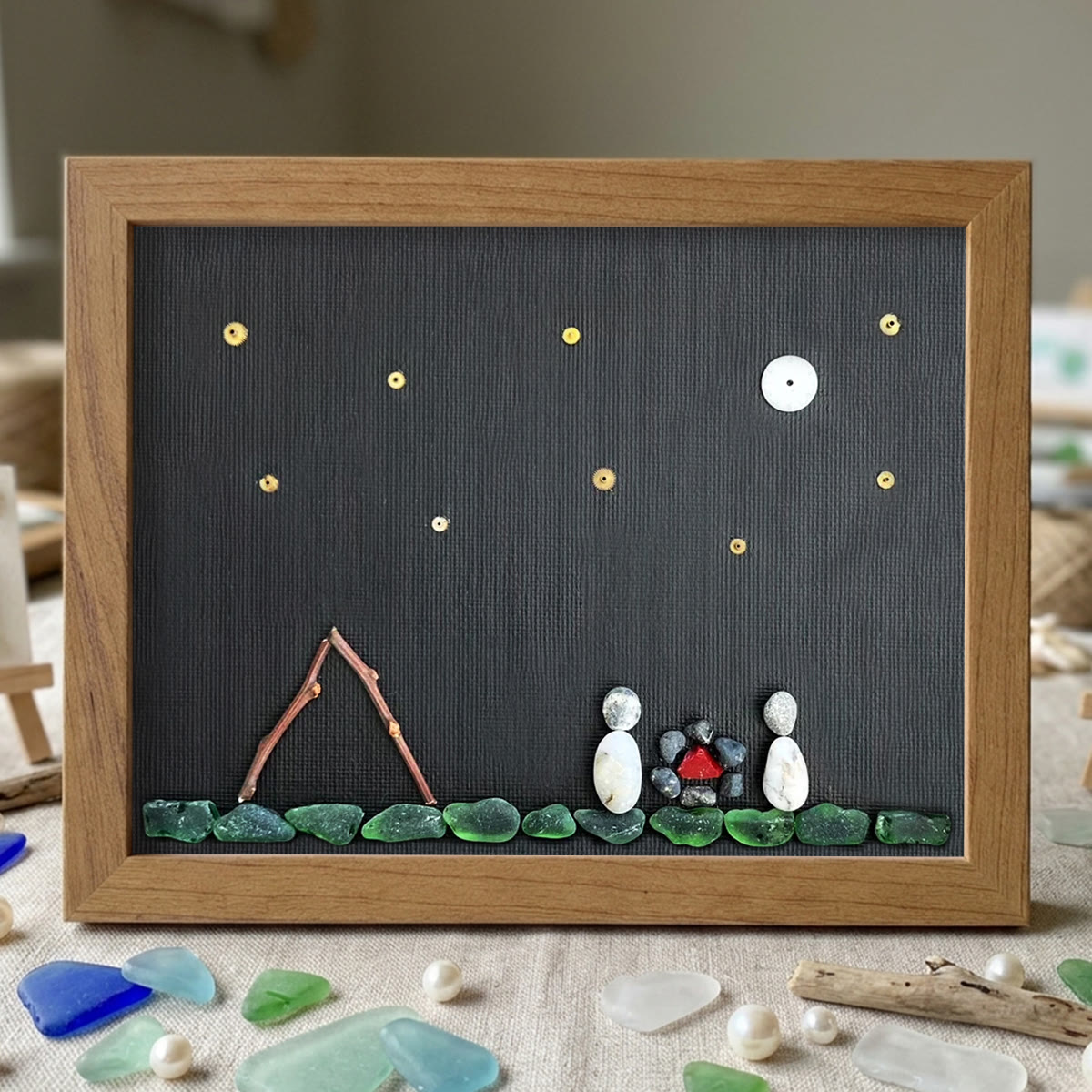 Moon & Stars Camping Couple Sea Glass Framed Art - Walnut Brown - 6" X 8" - image 9