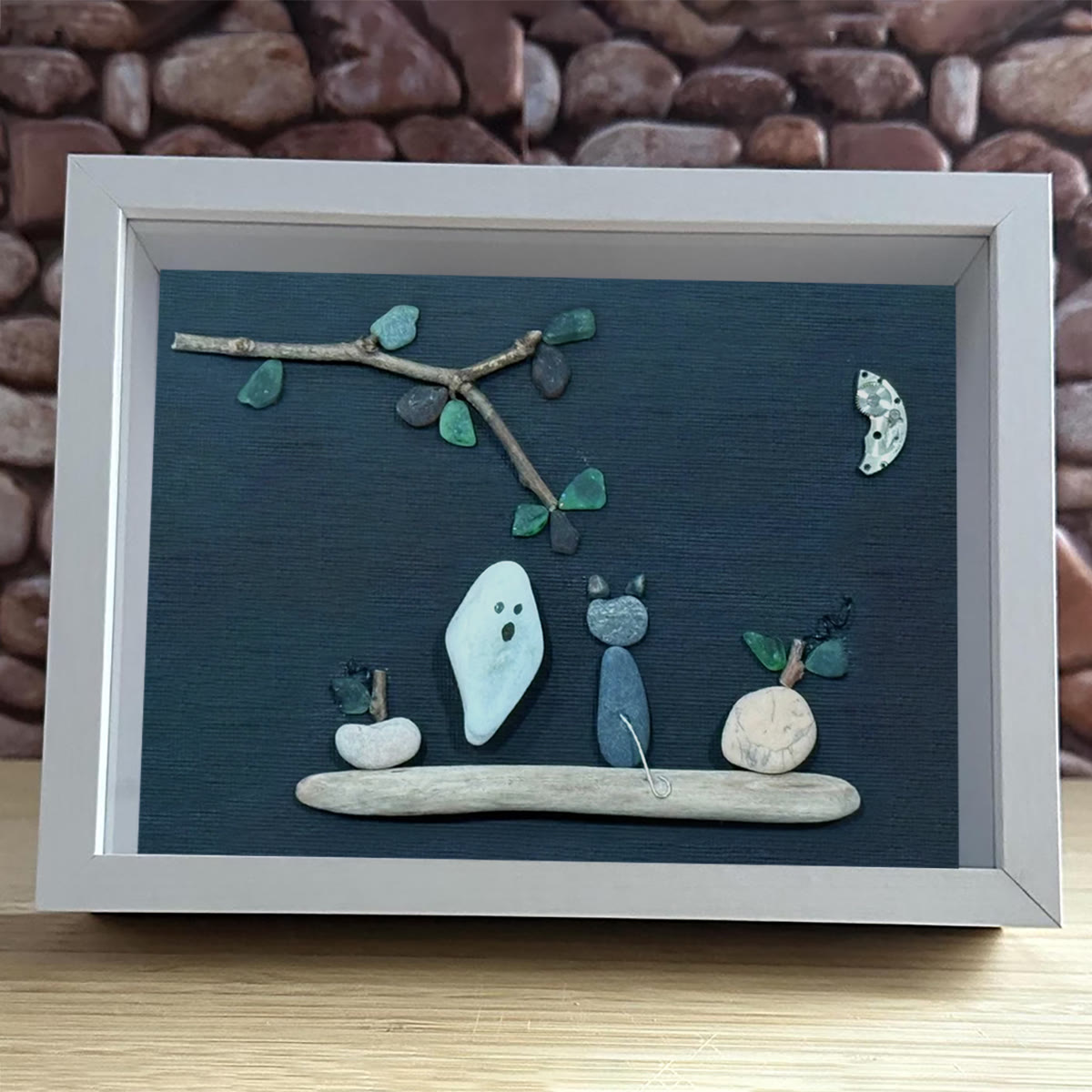 Spooky Cute Ghost & Cat Halloween Sea Glass Framed Art - image 0