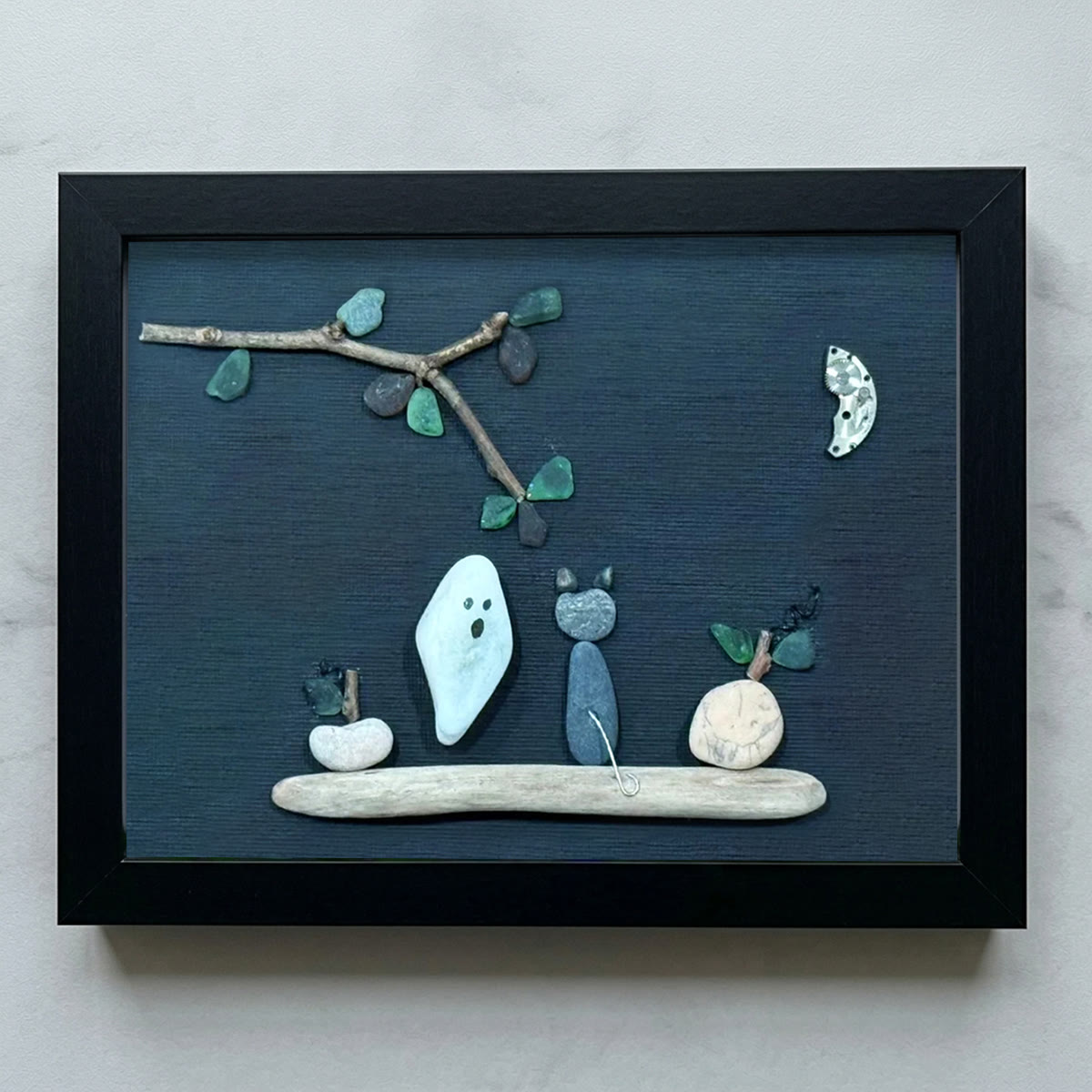 Spooky Cute Ghost & Cat Halloween Sea Glass Framed Art - Black - 6" X 8" - image 10
