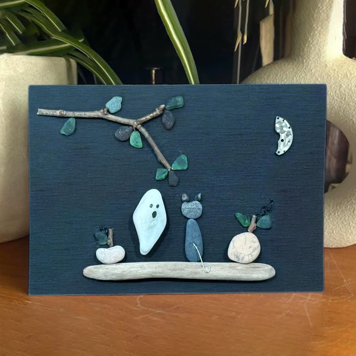 Spooky Cute Ghost & Cat Halloween Sea Glass Framed Art - Seaglass Card - 6" X 8" - image 1