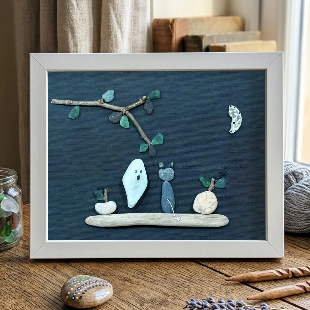 Spooky Cute Ghost & Cat Halloween Sea Glass Framed Art - White - 6" X 8" - image 11