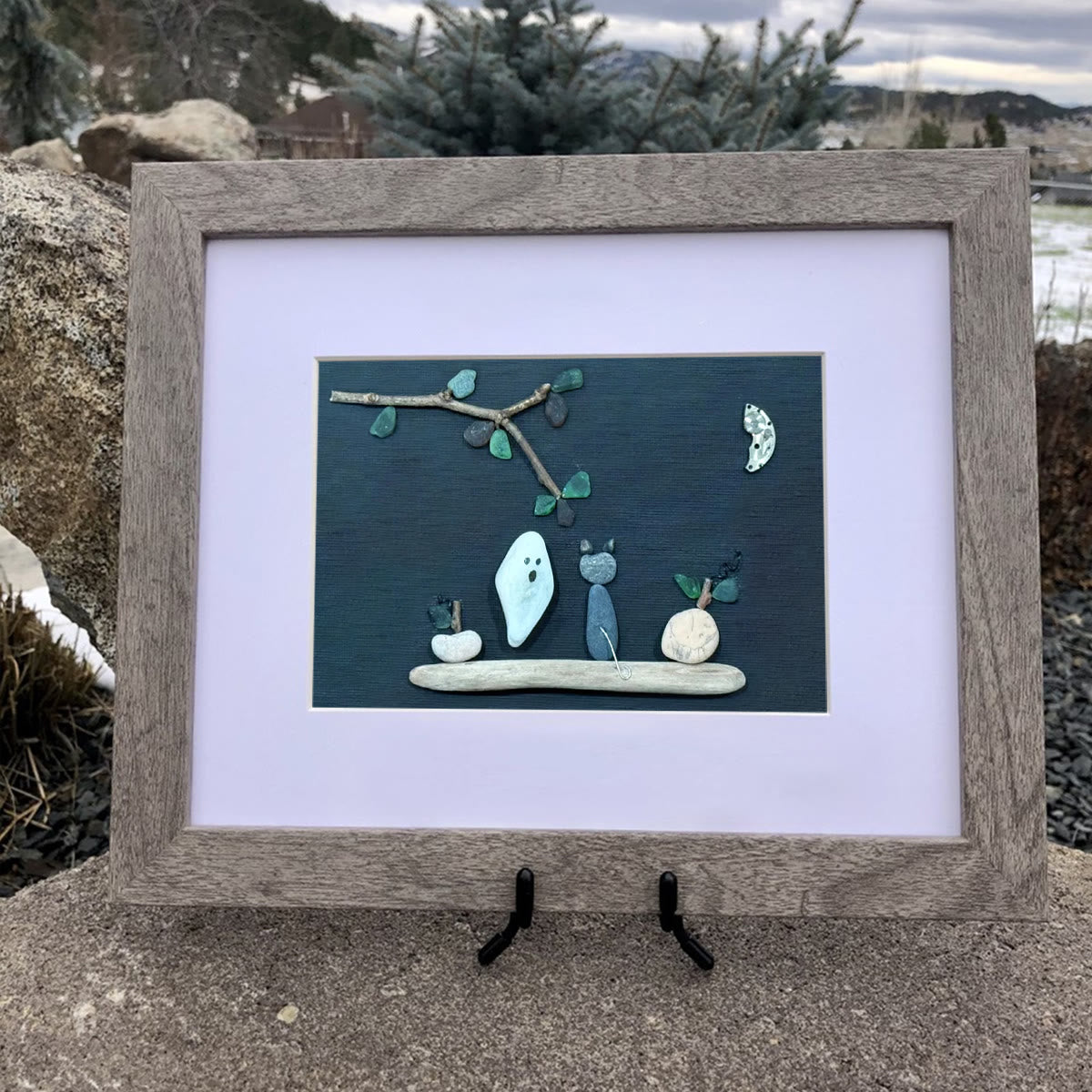 Spooky Cute Ghost & Cat Halloween Sea Glass Framed Art - image 6