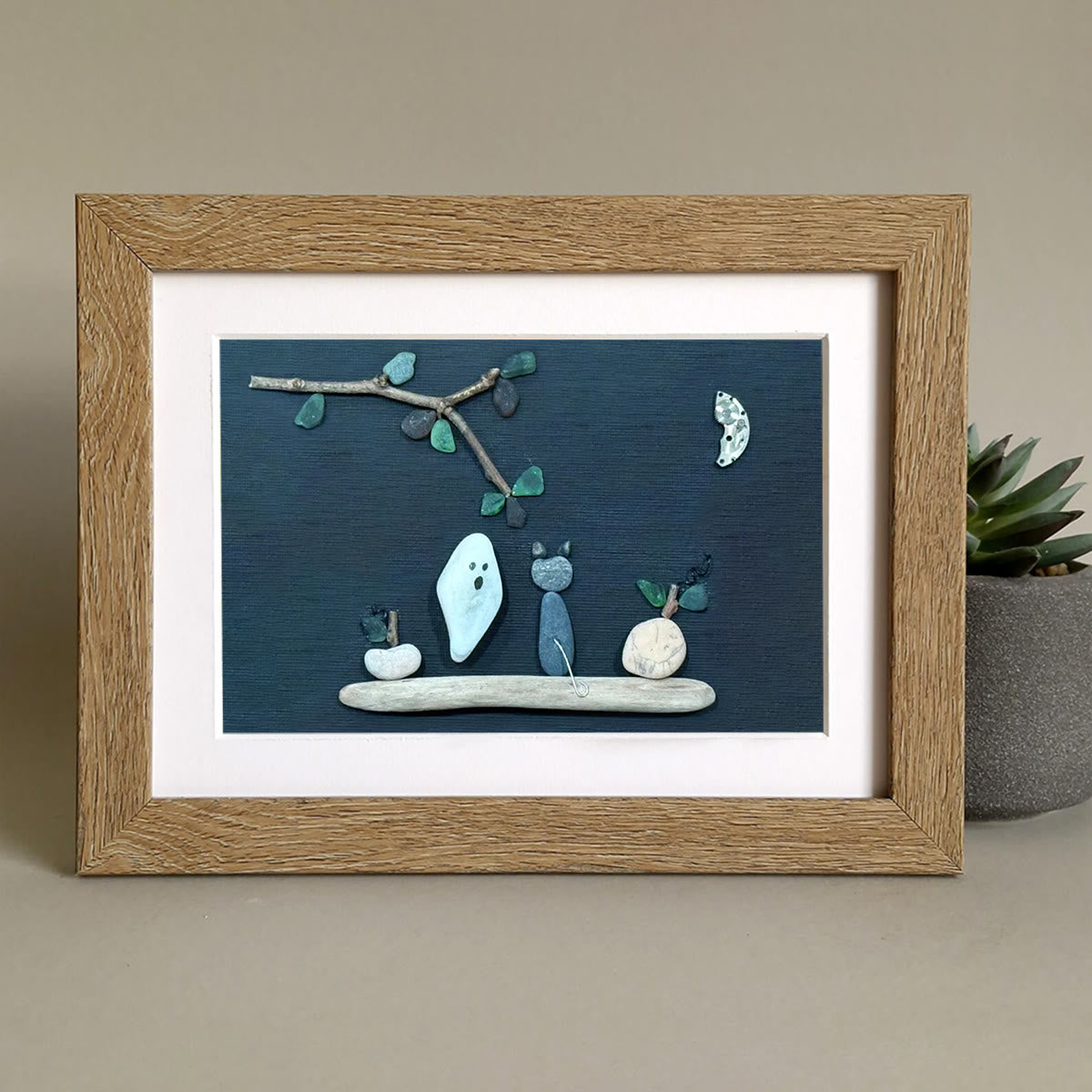 Spooky Cute Ghost & Cat Halloween Sea Glass Framed Art - image 4