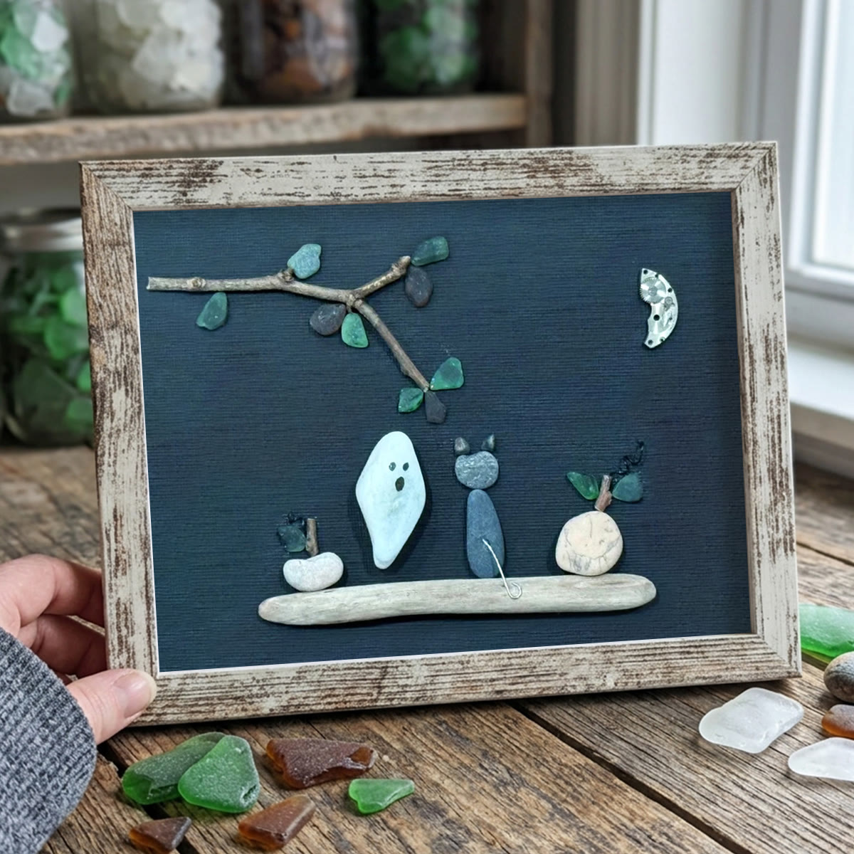 Spooky Cute Ghost & Cat Halloween Sea Glass Framed Art - Retro White - 6" X 8" - image 12