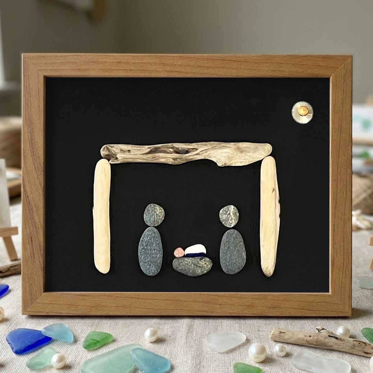 Contemporary Nativity Scene Sea Glass Framed Art - Walnut Brown - 6" X 8" - image 9