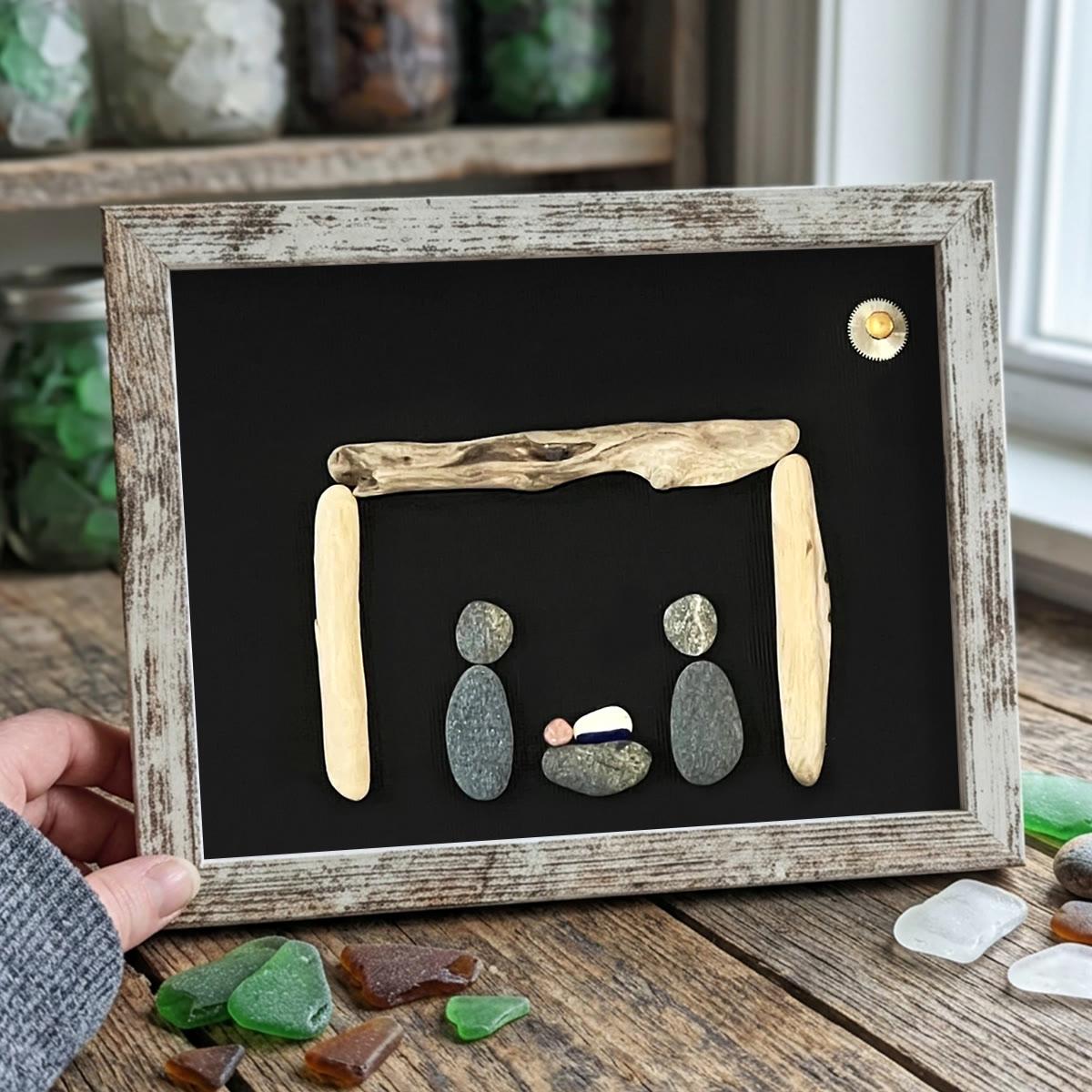 Contemporary Nativity Scene Sea Glass Framed Art - Retro White - 6" X 8" - image 12
