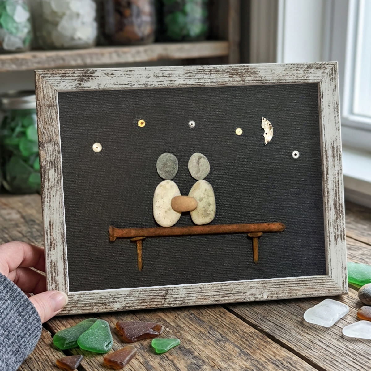 Hand In Hand Night Sky Couple Sea Glass Framed Art - Retro White - 6" X 8" - image 12