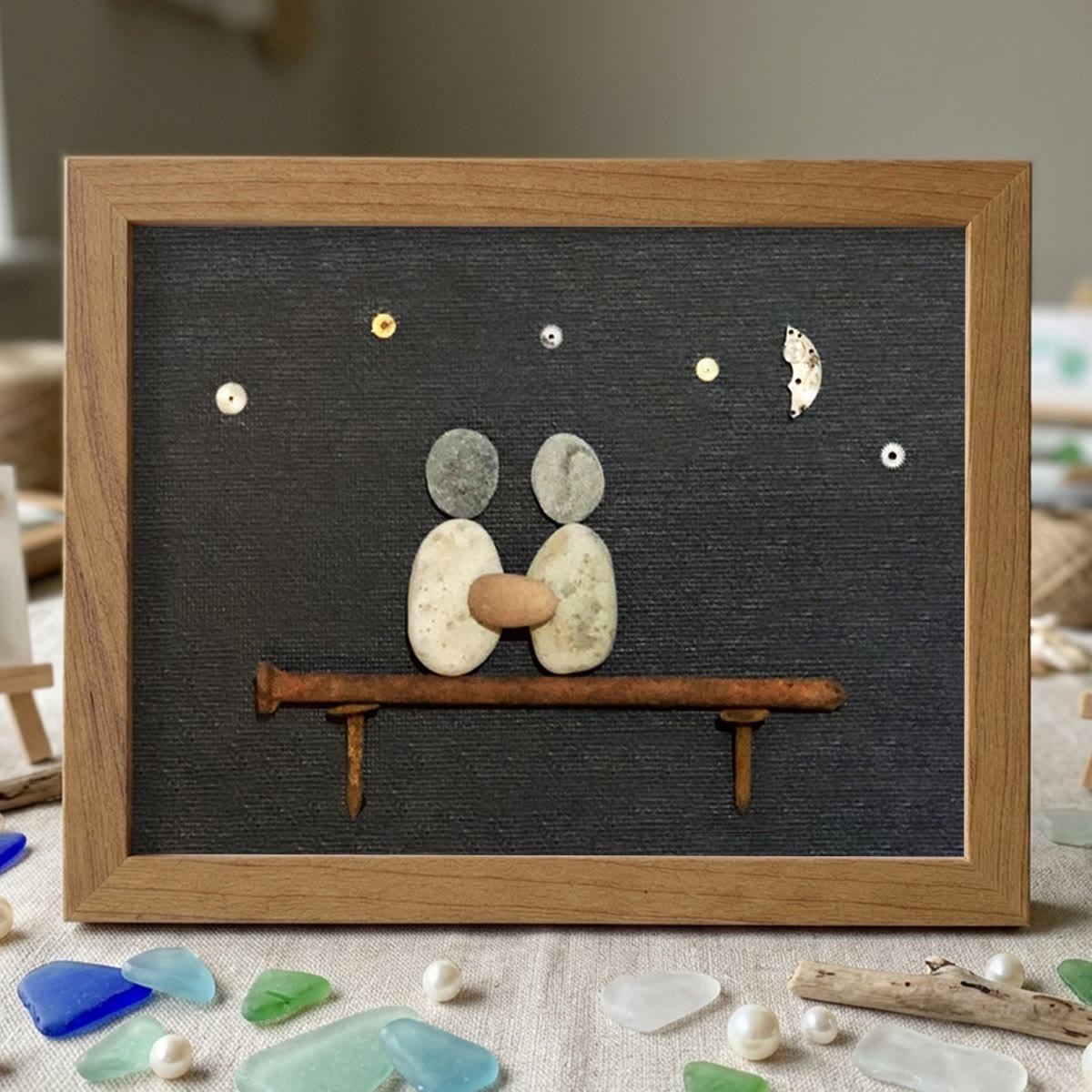 Hand In Hand Night Sky Couple Sea Glass Framed Art - Walnut Brown - 6" X 8" - image 9