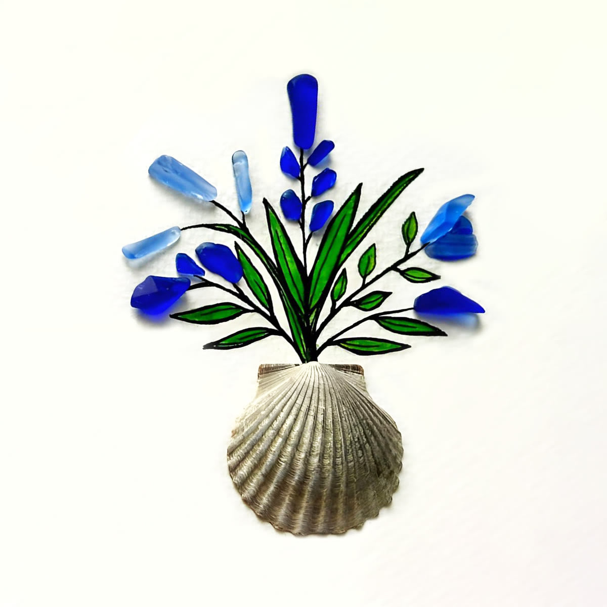 Blue Flower Bouquet Shell Vase Sea Glass Framed Art - image 2