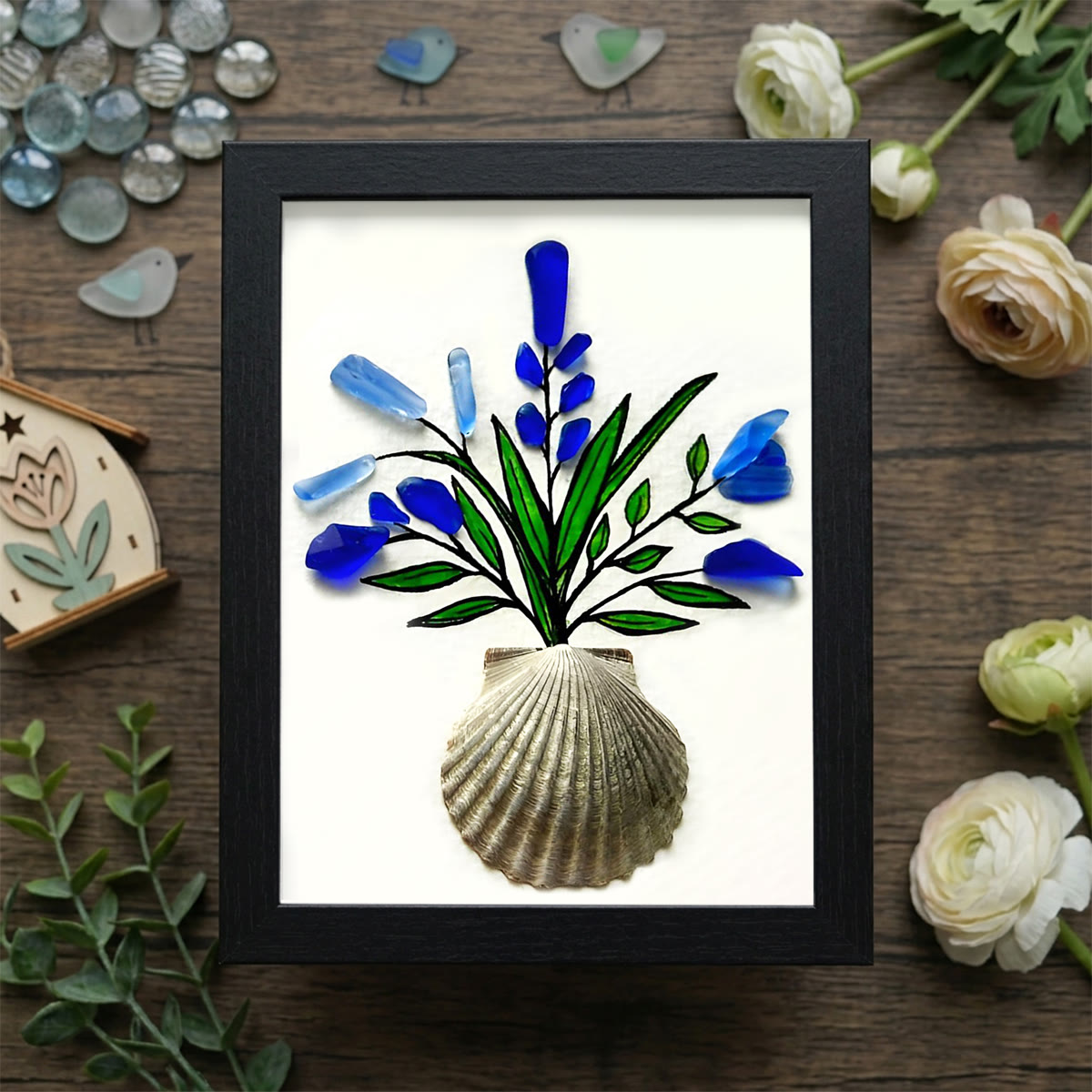 Blue Flower Bouquet Shell Vase Sea Glass Framed Art - Black - 8" X 6" - image 8