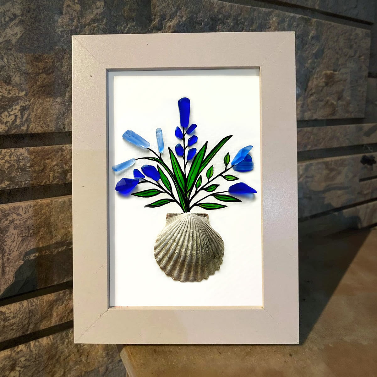 Blue Flower Bouquet Shell Vase Sea Glass Framed Art - image 5