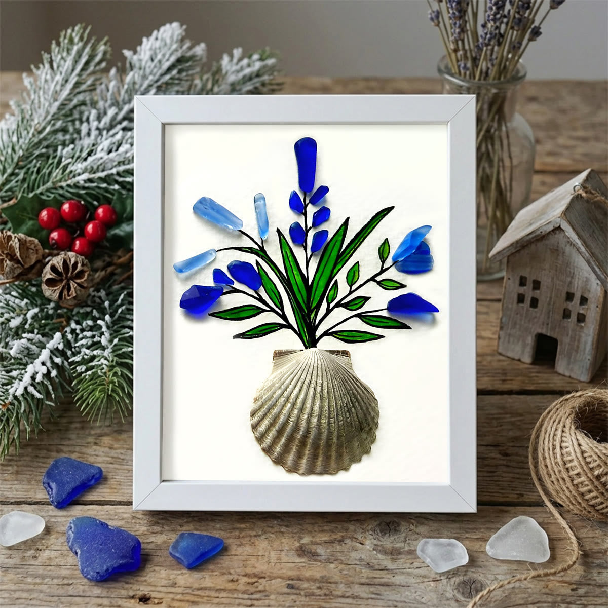 Blue Flower Bouquet Shell Vase Sea Glass Framed Art - White - 8" X 6" - image 9