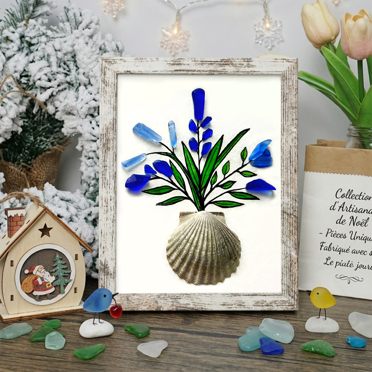 Blue Flower Bouquet Shell Vase Sea Glass Framed Art - Retro White - 8" X 6" - image 10