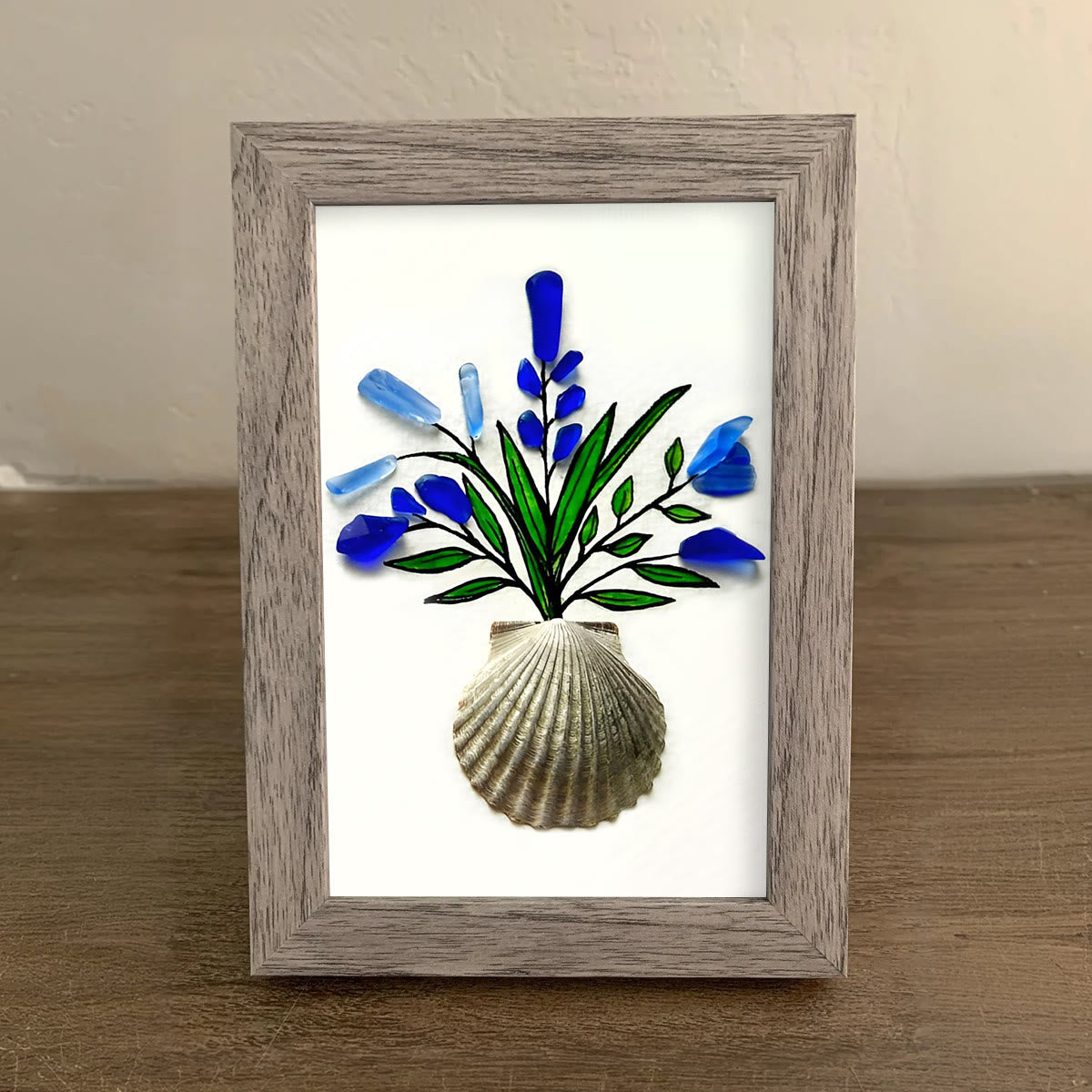 Blue Flower Bouquet Shell Vase Sea Glass Framed Art - image 3